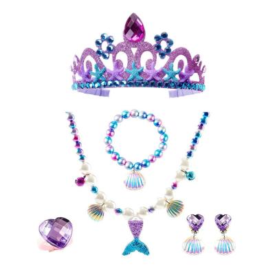 China Party Dress up Costume Accessories Mermaid Princess Crown Pearl Necklace Earrings Bracelet Ring Jewelry sets Little Girls Party Gift for sale