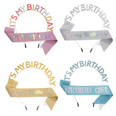 China Happy Birthday Dress up Hot Sale It's My Birthday Crown Headband Sash Set Birthday Party Gift For Girl Women Princess Head Accessories for sale