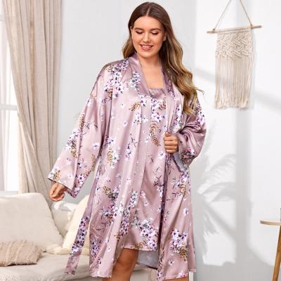 China Plus Size Three Piece Pajama Set Sleepwear Satin Nightgown Long Robe Sets Pink Plus Size Women's Sleepwear for sale