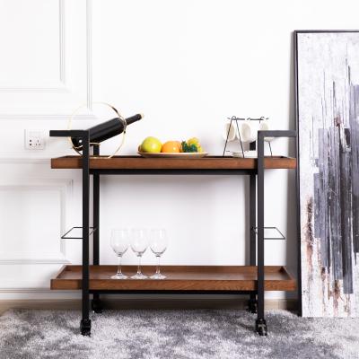 China Easy Assemble Hotel Modern Home Industrial Style Vintage Metal Coffee Wine Serving Rack Wooden Rolling Bar Cart With Wheels for sale