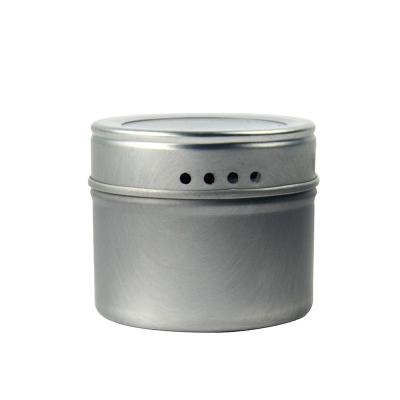 China Recyclable Hot Selling Magnetic Aluminum Spice Jar Salt And Pepper Condiment Shaker With PVC Window Lid for sale