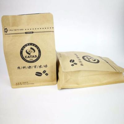 China Custom Printing Coffee Beans Eight Seal Flat Bottom Paper Moisture Proof Side Brown Bag With Valve And Zipper for sale