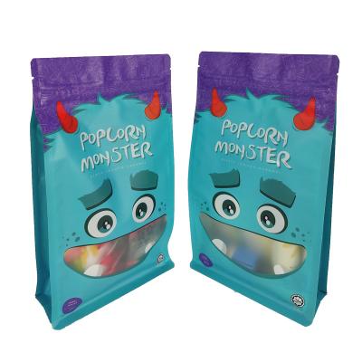 China Wholesale Manufacturer Aluminum Foil Recyclable Stand Up Pouch Flat Bottom Pouch For Popcorn With Clear Window for sale