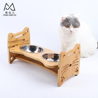 China New Design Sustainable Pet Cat Dining Table Height Adjustable Bamboo Pet Feeder With TwoBowls for sale