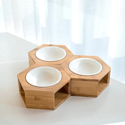 China Wholesale Design Viable Ceramic Pet Model Maker Bowl Hexagonal Pet Bowl With Wooden Frame for sale