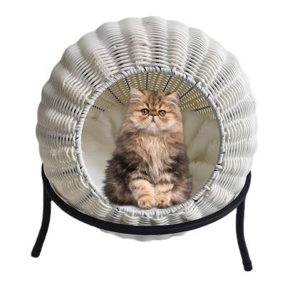 China OEM PP Plastic Rattan Woven Pet Stocked Raised Bed Enclosed Round Dog Cat Pet Sleeping Nest Basket House for sale