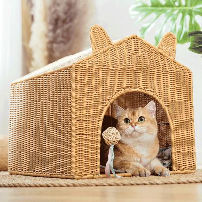 China Breathable S/M/L Sizes PP Plastic Rattan Woven Shape Pet Sleep Bed Pet Cages Nest Cat Dog Condo Rooms for sale