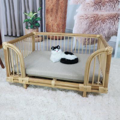 China Wholesale Natural Breathable Real Rattan Pet Sofa Bed Indoor Cat Dog Sleep Nest Room Pet Bed Supplies With Cushion for sale