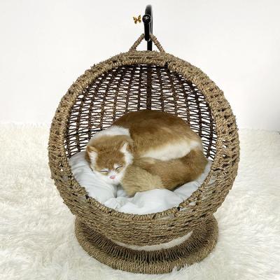 China Breathable Eco-Friendly Vegetable Plankton Woven Pet Swing Cat Sleeping Cage House Cat House Swing Hammock Soft Warm Cozy Bed Basket for sale