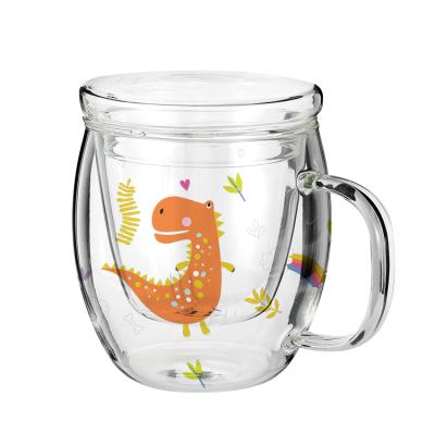 China Viable High Temperature Resistant Glass Mug 14oz Clear Cartoon Double Wall Glass Coffee Mug for sale