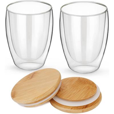 China 350ml Viable 12oz Tall Borosilicate Coffee Mug Double Walled Clear Glass Cups With Wooden Bamboo Lid for sale