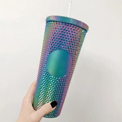 China New Design 25oz Glitter Durian Cup Sustainable Double Grid Custom Plastic Diamond Studded Tumbler Cups Wall With Lid And Straw for sale