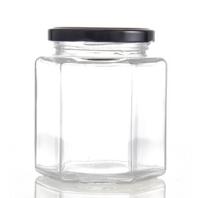 China Rongtai 230ml 380ml 500ml Mini Minimalist Clear Hexagon Candy Jelly Glass Honey Jar for sale