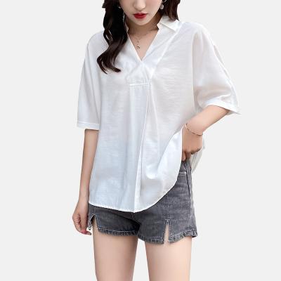 China Eason Good Quality Custom Sleeve Women Shirts Solid Color V-neck Casual T-shirt Anti-wrinkle Shorts For Ladies Top for sale