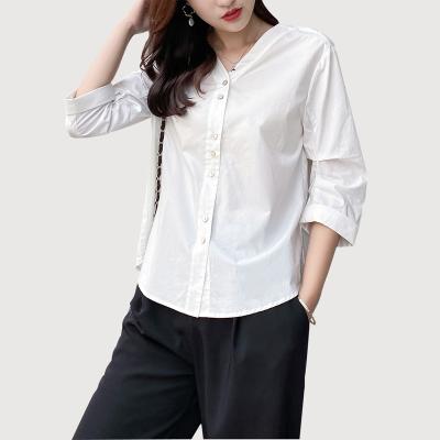 China Anti-Wrinkle Eason Cheap Price 3/4 Long Sleeve V-Neck Women T-Shirts White Color Cotton Long Sleeve Shirts Tops For Ladies for sale