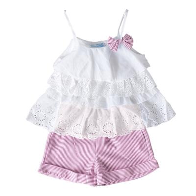 China New Girls Washable Suspender Summer Two Piece Suit With Bows And Striped Shorts Girls Dress Sets for sale