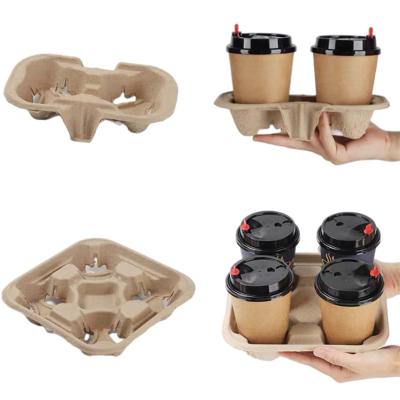 China 2 Disposable Takeaway 4 Cup Carrier Coffee Drinks Paper Pulp Fiber Removable Serving Stand Tray For 8-32 Ounce for sale