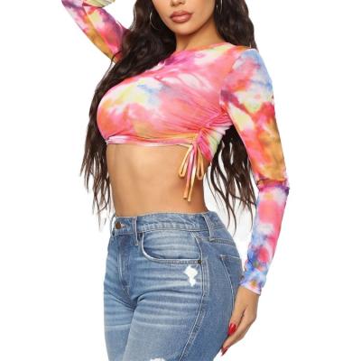 China Viable Women Tops T-Shirt Ladies Plus Size Tunic O-Neck Tie Dye Top With Drawstring for sale