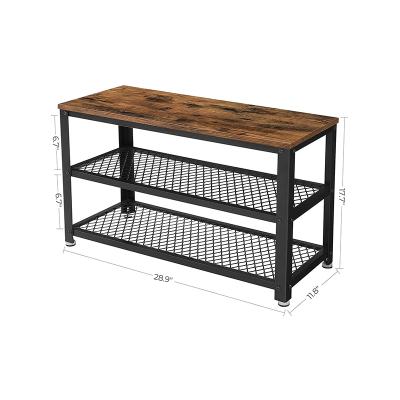 China Industrial Wooden Bench Shoe Rack Vintage Design 3 Tier Metal Frame Shelf Storage Organizer Bench Shoe Rack With Seat for sale