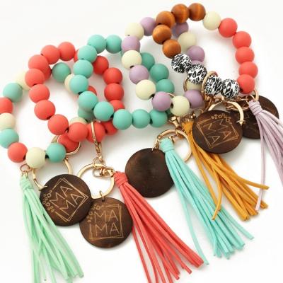 China New Mom Ring Women Tassel Light Weight Custom Leather Bracelet Chain Silicone Bead Bracelet Wooden Chain for sale