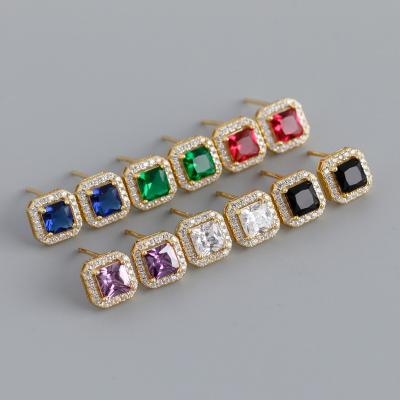 China Hot Selling Environmental Friendly Big Square Colorful Zircon 925 Sterling Silver Stud Earring Sets For Women Jewelry for sale