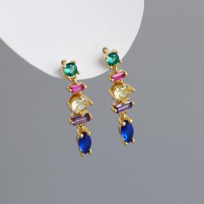 China Fashion Environmental Friendly Gold Plated Mixed Color Rainbow Zircon 925 Sterling Silver Tassel Earrings Women for sale