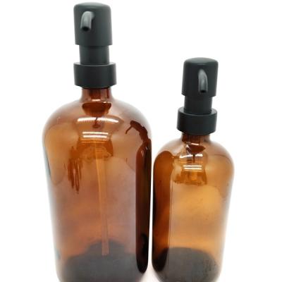 China Eco-Friendly 2 Pack Thick Amber Glass Pint Jar Soap Dispenser With Stainless Steel Copper Pump 16 Ounce Boston Round Bottle Dispenser for sale