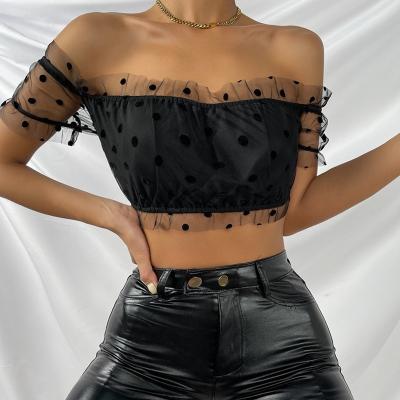 China New Mesh Summer Anti-wrinkle Dot Print Sexy Slim Fit Crop Top Casual Women's T-shirt for sale