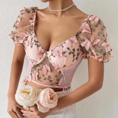 China New CSI summer Anti-wrinkle style sexy transparent crop top butterfly embroidery T-shirt for sale