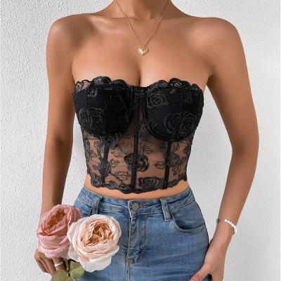 China QUICK DRY Sexy Women's Floral Lace Corset Streetwear Y2k Strapless Sleeveless Crop Tube Top for sale