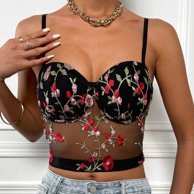 China Hot Selling QUICK DRY CIA Style Floral Mesh Tank Top Sexy Lace Embroidery Women Tops for sale