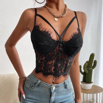 China New Women's Lace Mesh Slim Perspective Eyelash Corset Street Style Swap Top Solid Sexy QUICK DRY Top Fashion for sale