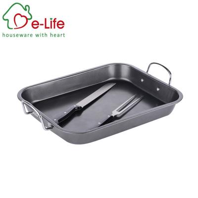 China ELIFE CARBON STEEL TURKEY ROTISSERIE TRAY viable WITH BARBECUE FORK and KNIFE for sale