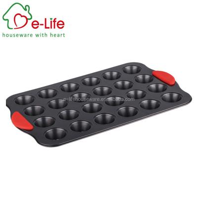 China Viable Elife Dark Gray Nonstick 24 Cup Mini Cupcake Muffin Pan With Silicone Handles for sale