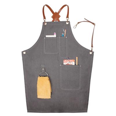 China Durable Durable Denim BBQ Bib Apron Adjustable Leather Wristbands Apron With Pocket for sale