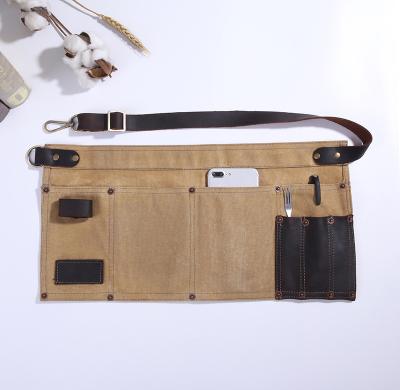 China Durable Waxed Canvas Waist Apron With Leather Strap For Barber Bartender Apron for sale