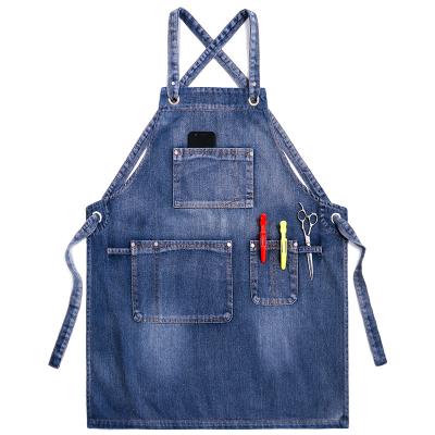 China Apron Chef Bib Durable Professional Cotton Washed Denim Bartender's Workshop BBQ Apron for sale