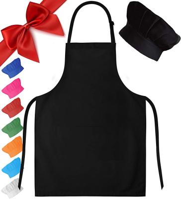 China Eco-Friendly Boys Girls Cotton Child Kitchen Kids Apron And Adjustable Chef Hat Set With Pocket for sale