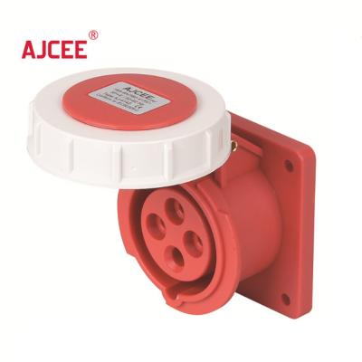 China AJCEE Industrial Ip67 4pin 380v 32 Amp 32A RED Electric Industrial Wall Socket Panel Mounted Straight Waterproof Socket With CE for sale