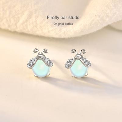 China Beautiful Casual/Sporty Cartoon Moonstone Fireflies Stud Earrings For Women 925 Sterling Silver Insect Ear Studs Jewelry for sale