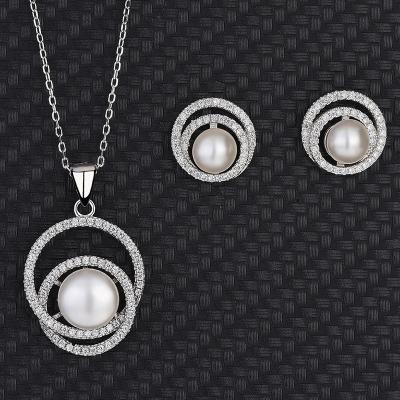 China Ethnic 925 Sterling Silver CZ Freshwater Cultured Pearl Necklace Earrings Wedding Bridal Pendant Jewelry Sets for sale