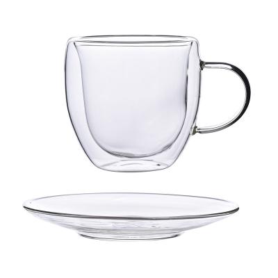 China Wholesale Sustainable High Quality Double Wall Borosilicate Glass Coffee Heat Resistant Tea Cup Set With Saucer for sale