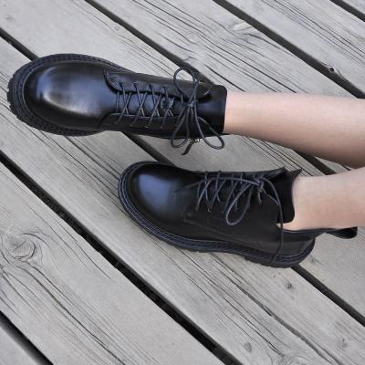 China 2022 Autumn Winter Fashion Women's Lace-Up Black Leather Ankle Boots Ladies Martens Shoes Round Toe Zipper Boots New for sale