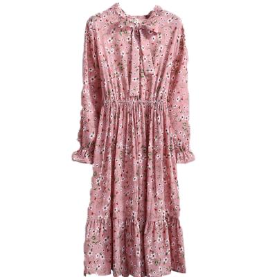 China New Women's Fashion Anti-Static Casual Vintage Long Sleeve Dress Chiffon Shirt Dress Bowknot Floral Printed Long Sleeve for sale