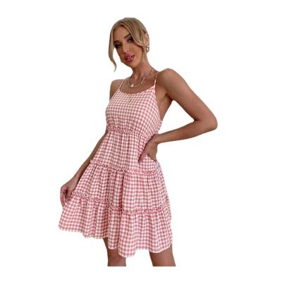 China 2022 Summer Anti-Static Women Plaid Strapless Backless Elegant Casual Dress for sale