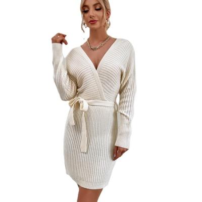 China Autumn And Winter Acrylic Fiber V-Neck Anti-Static Long Sleeve Long Fitted Dress Women for sale