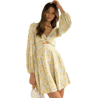 China Washable V-Neckline Digital Printing Fitted Casual Long Sleeve Short Dresses Mini Dress Long Sleeve for sale