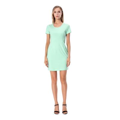 China China factory ladies light green round neck tight casual wholesale anti-static solid color short sleeve dress for sale