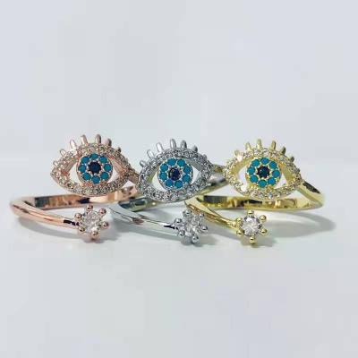 China CLASSIC Evil Eye Jewelry Women Personalized CZ Crystal Blue Diamond Adjustable Brass Blue Evil Eye Ring 18K Gold Plated Evil Eye Ring for sale