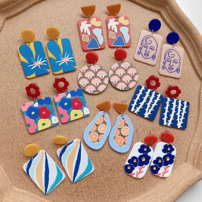 China BOHEMIA 2021 Women Fashion Trend Boho Cards Flower Bohemian Clip On Drop Earing Clay Resin Acrylic Earings Korean for sale